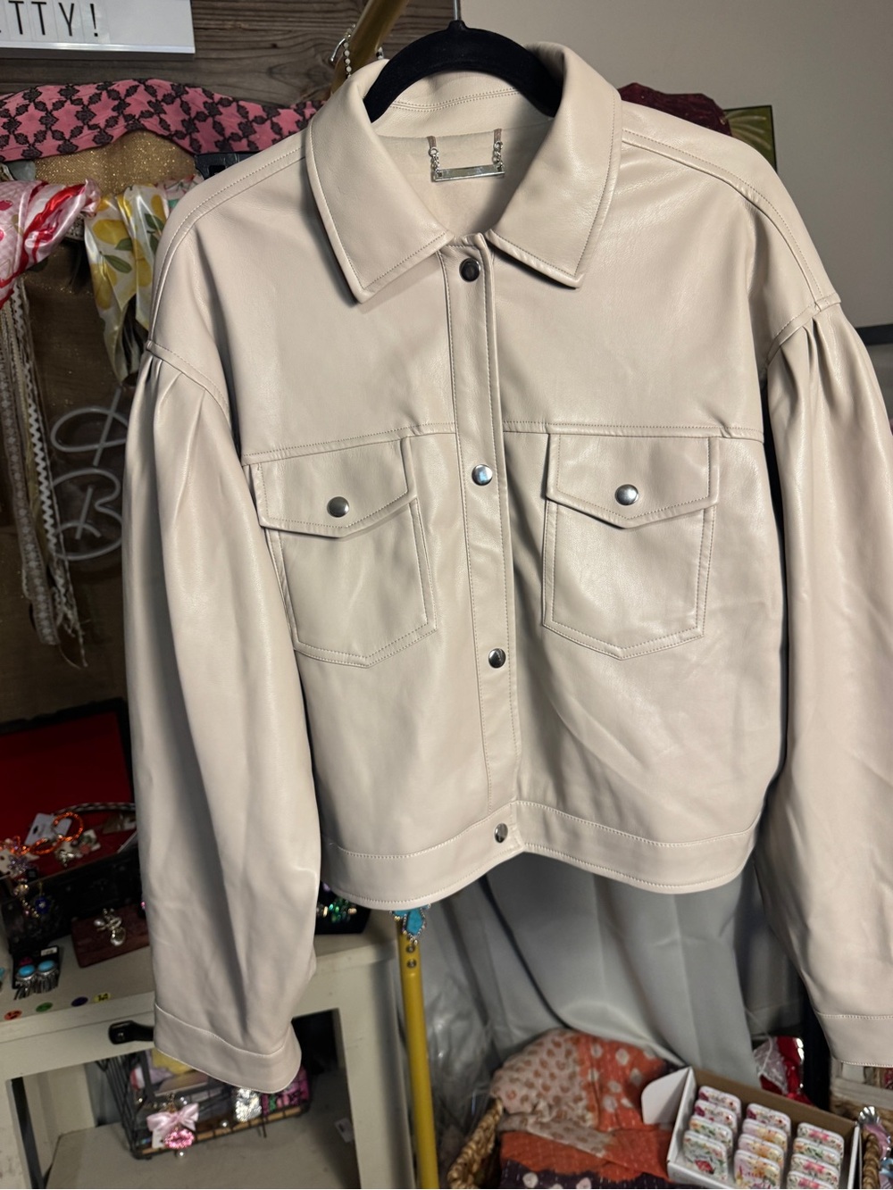 T Tahiti Cream faux Leather Trucker Jacket/ shacket
